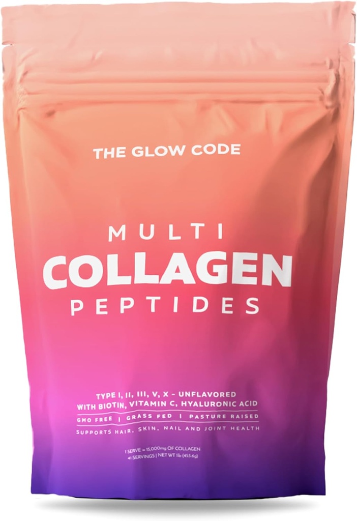 The Glow Code Multi Collagen Peptides – Tipo I,II,III,V & X Hidrolyzed Collagen Powder, Desarrollado, mejorado con biotina, vitamina C & ácido hialurónico