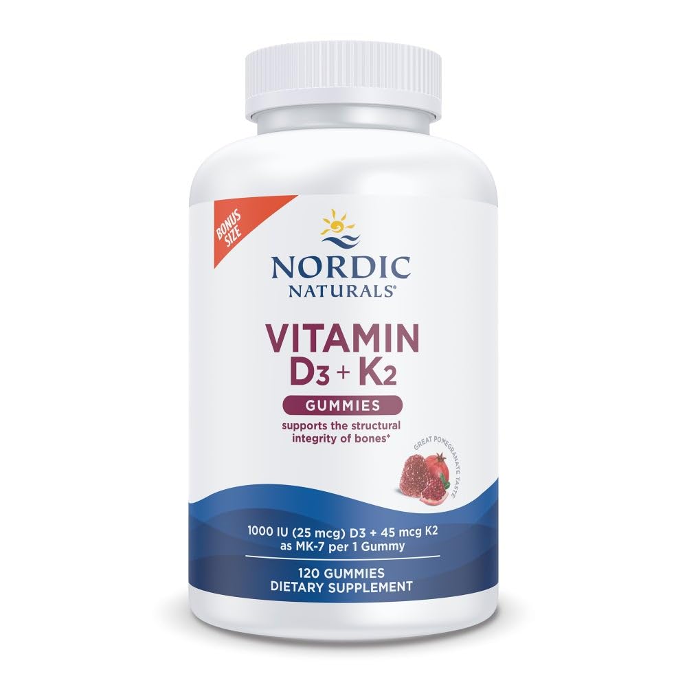 Naturales nórdicos Vitamina D3 + K2 Gummies, granada - 120 Gummies - 1000 UI Vitamina D3 + 45 mcg K2- Gran Sabor - Bone Health, Promueve Función del Musculo Saludable - No GMO - 120 Serviciones