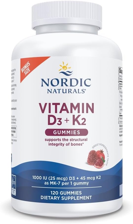 Naturales nórdicos Vitamina D3 + K2 Gummies, granada - 120 Gummies - 1000 UI Vitamina D3 + 45 mcg K2- Gran Sabor - Bone Health, Promueve Función del Musculo Saludable - No GMO - 120 Serviciones