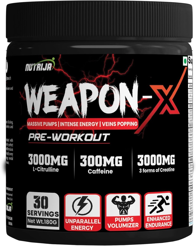 Weapon-X Pre-Workout Powder with 21 Active Ingredients - 3 Best Forms of Creatine, AAKG, Beta-Alanine, Caffeinated peru Pumps, Viens Popping, Energy, Focus &amp; Strength (30 Servings (Mango)))