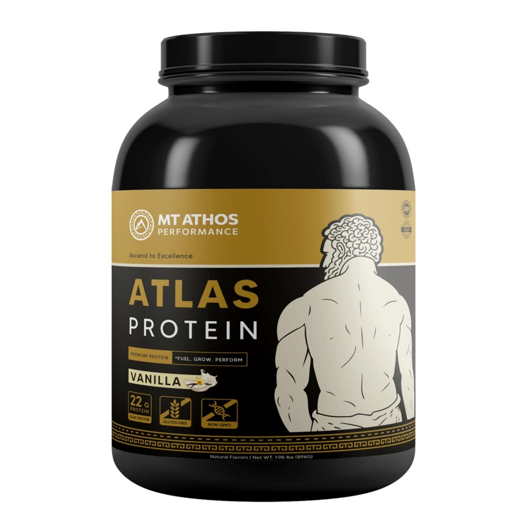 Atlas Vanilla Protein Powder ← Goat Milk Whey con Casein Protein  22 g Protein per Serving TEN Vanilla TEN 28 Servings