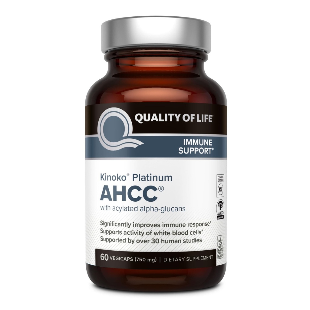 Calidad de vida Premium Kinoko Platinum AHCC Suplemento herbal, 750 mg por cápsula, para soporte inmunitario, función del hígado, mantiene actividad de célula asesina natural, paquete de 1, 60 cápsulas vegetales