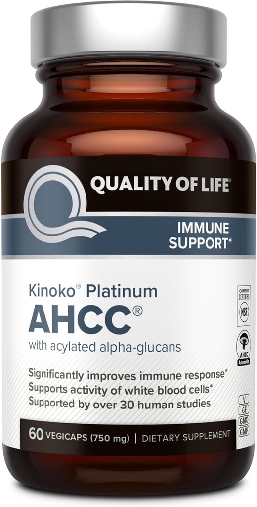 Calidad de vida Premium Kinoko Platinum AHCC Suplemento herbal, 750 mg por cápsula, para soporte inmunitario, función del hígado, mantiene actividad de célula asesina natural, paquete de 1, 60 cápsulas vegetales