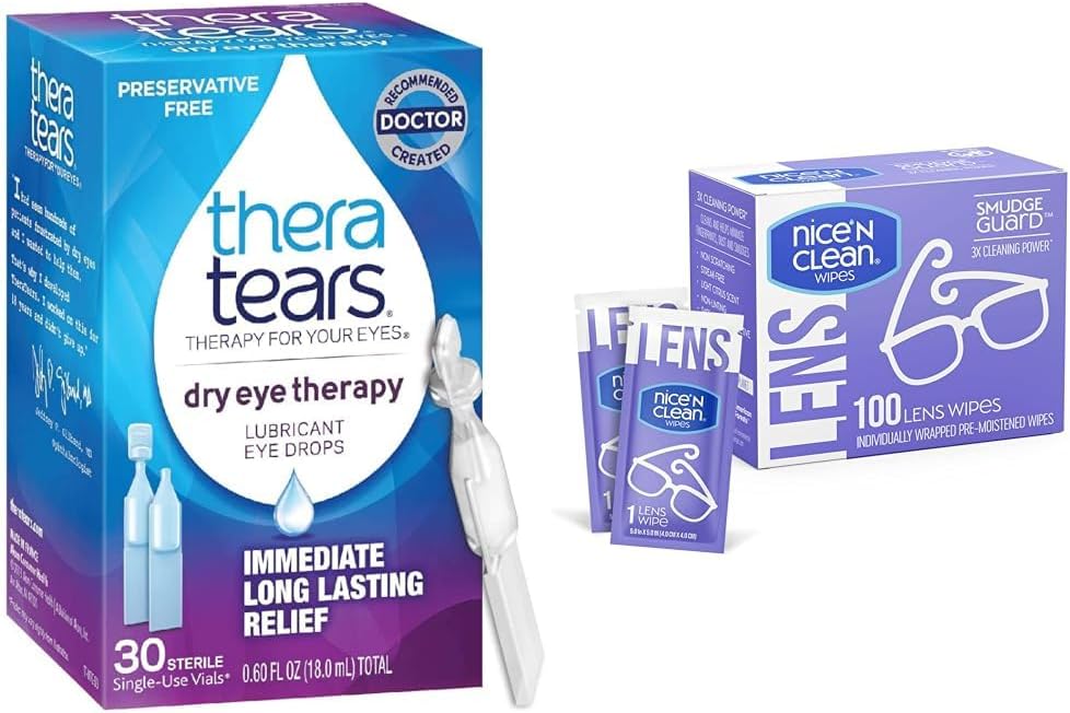 TheraTears Dry Eye Therapy Lubricant Eye Drops, Preservative Free, 30 Vials &amp; Nice 'N Clean SmudgeGuard Lens Cleaning Wipes, 100 Wipes