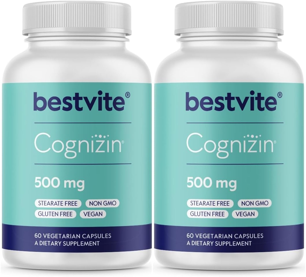 BESTVITE Cognizin Citicoline 500mg (120 Capsules Vegetarianos) (60x2) - Nootropic de línea premium clínicamente estudiado - No Stearates - Vegan - Gluten Gratis - Suplementos cerebrales para memoria y enfoque