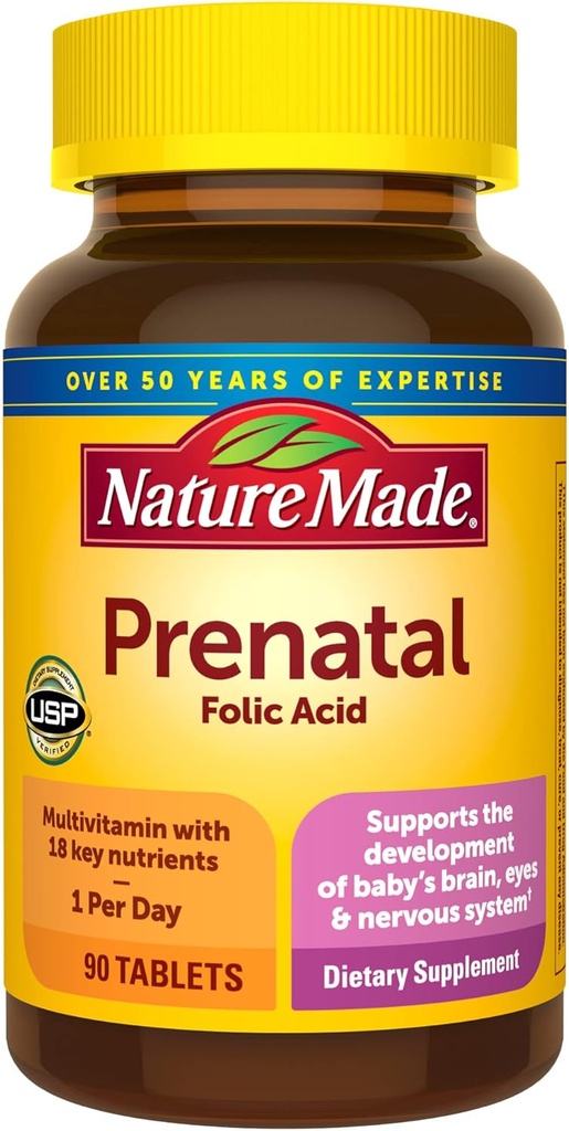 Multivitamina prenatal con ácido fólico, vitamina prenatal y suplemento mineral para el soporte nutricional diario, 90 tabletas, 90 días de suministro
