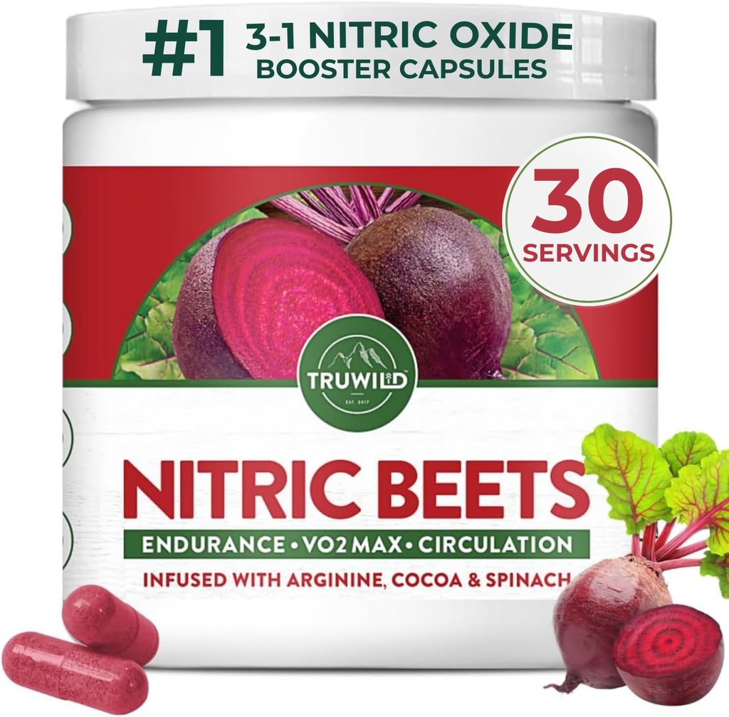TruWild All Natural Beet Root Powder, Nitric Oxide Booster, 1000mg, Vegan Superfood Capsule Supplement, Beetroot Extract Supports Overall Health, Performance & Stamina, 30 Servings