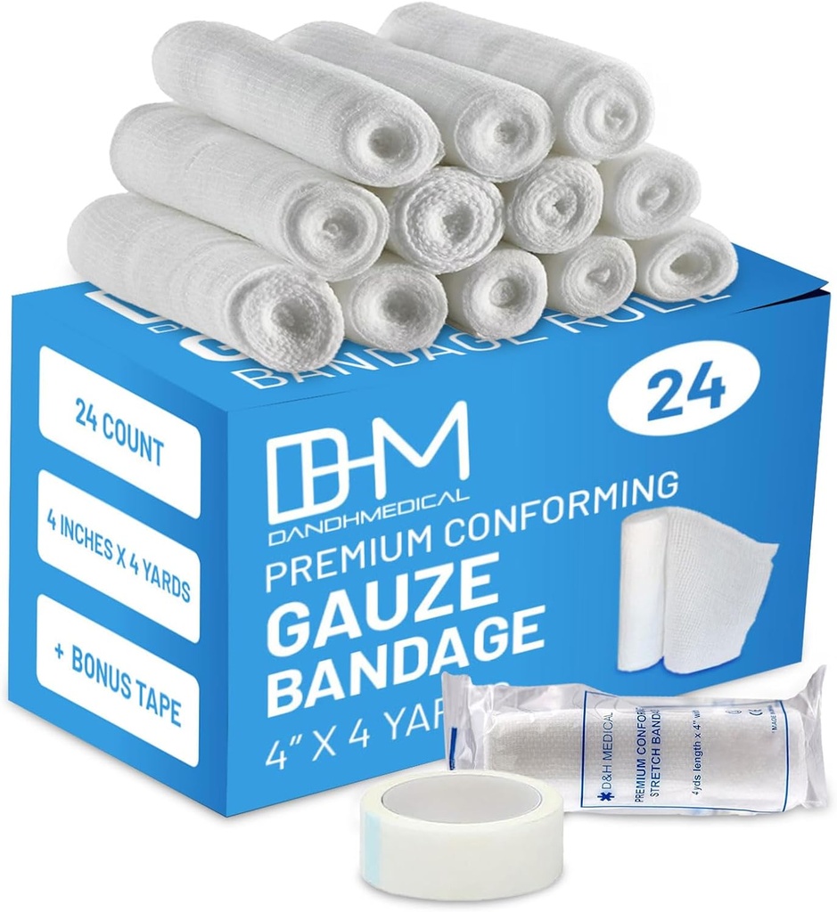 D&H Medical Pack of 24 Gauze Bandage Roll 4 Inches x 4 Yards - Medical Gauze Wrap for Wounds Care - Easy to Use Cotton Gauze Rolls for Hand Wrap Dressing Ankles & Knees