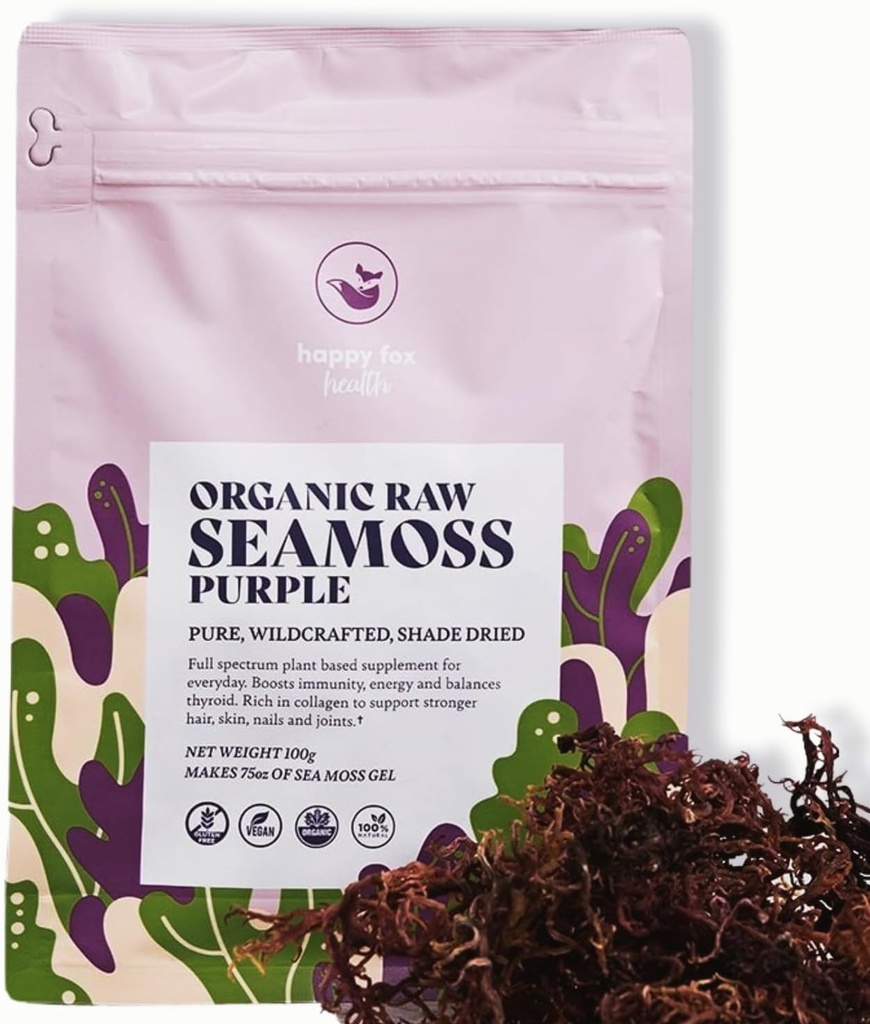 HAPPY FOX Organic Sea Moss Raw Purple - Hace 75oz de Seamoss Gel Rich en Fitonutrientes & Minerales, Certified Non-GMO, Wildcrafted, Superfood - 100 gram Bag
