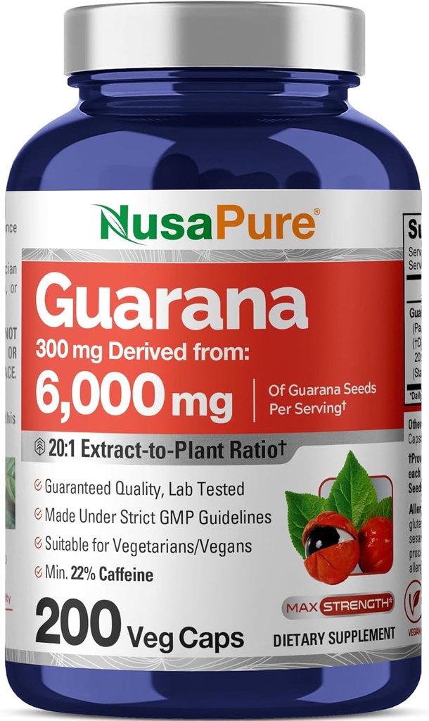 NusaPure Guarana Extracto 20:1 Extracto, 300 mg Equivalente a 6.000 mg por Veggie Caps 200 Conde (No-GMO, Vegan)