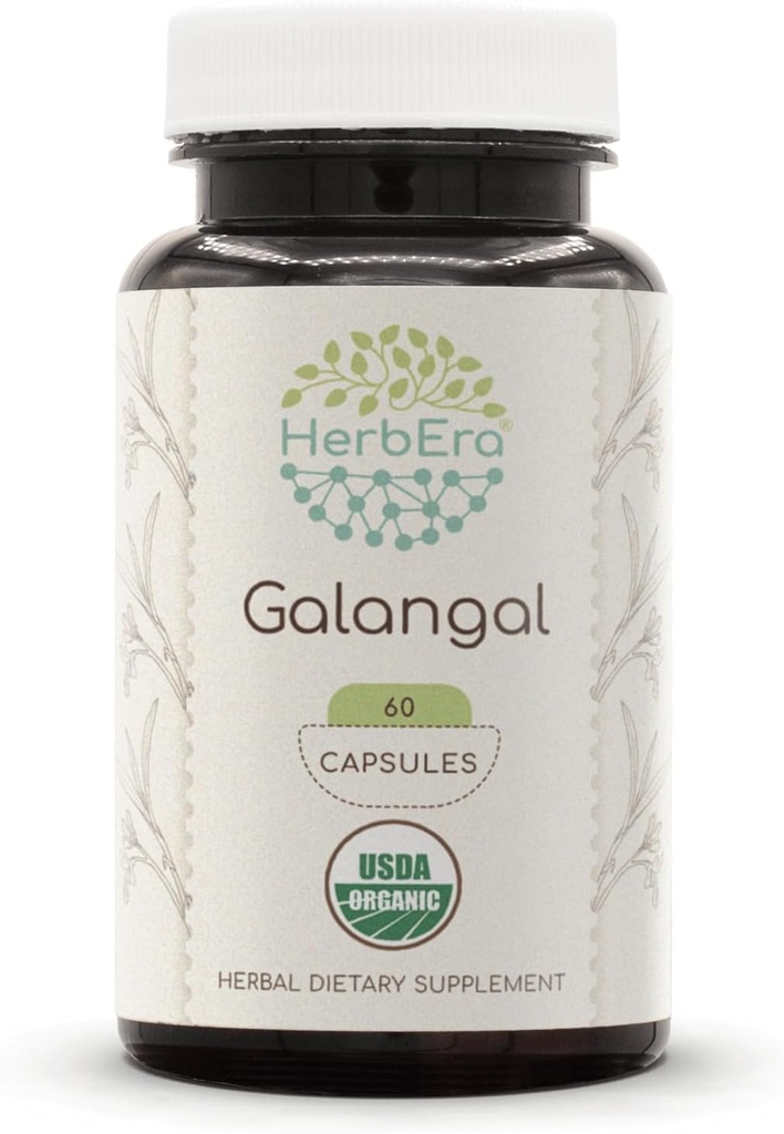 HerbEra Galangal USDA Organic 60 Capsules ← Suplemento Natural Herbal ← Certified Organic Vegetarian Capsules and Organic Galangal (Alpinia Galangal) Dried Root (60 cápsulas)