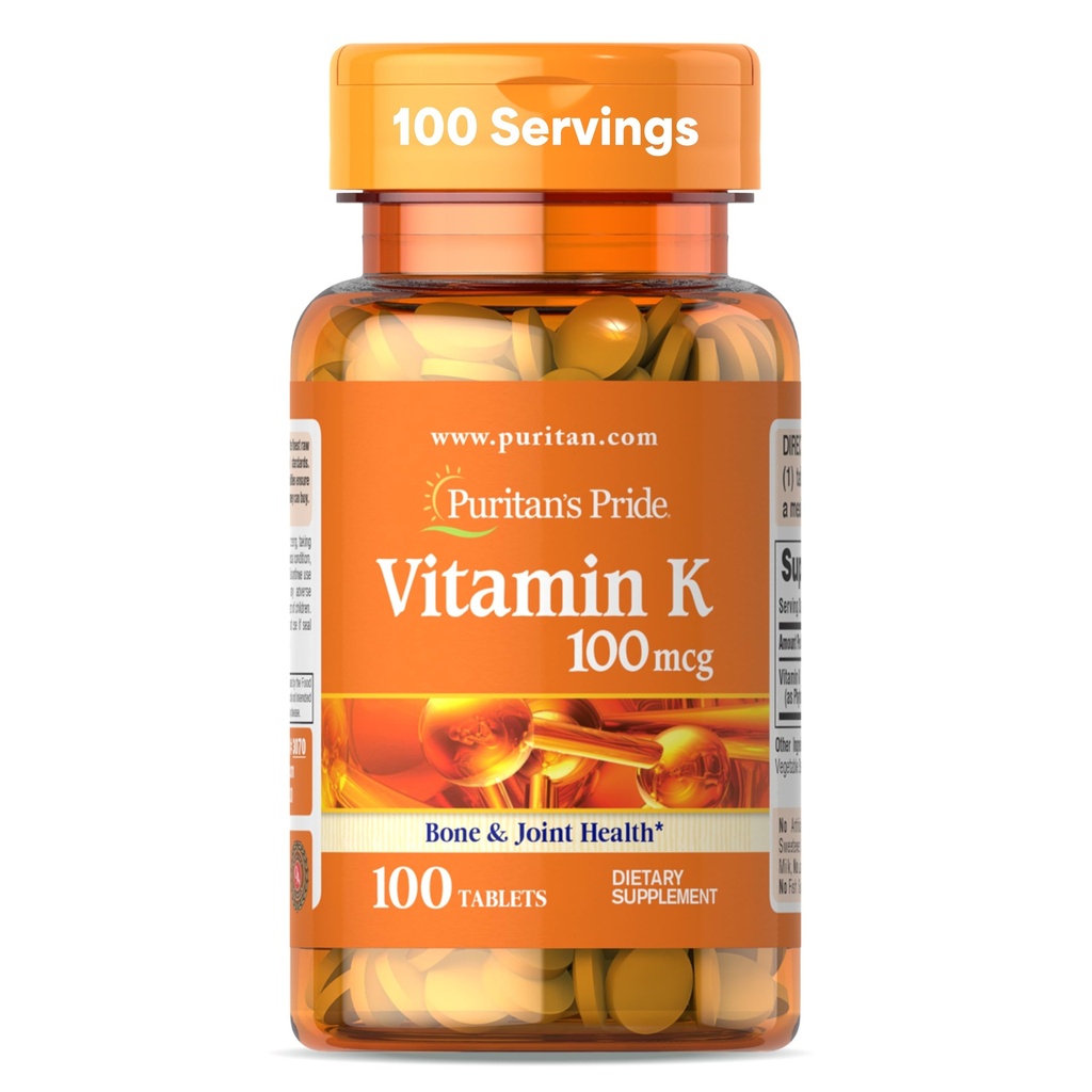 Puritan's Pride Premium Vitamin K 100mcg, Dietary Supplement for Bone, Joint, and Blood Clotting Health Support, 100 Day Supply, 100 Tablets