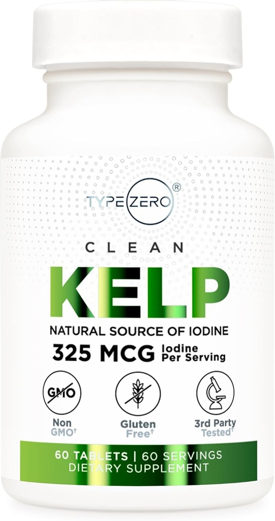 Tipo Zero Clean Kelp Iodine Tablets (60 Servings, 325 MCG Por Serving) - Fuente natural de Iodine de Sea Kelp, Non-GMO, Gluten Free