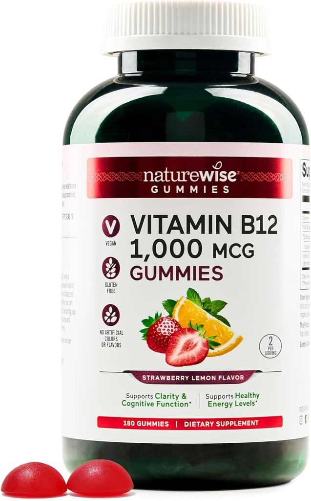 NatureWise Vitamina B12 Gummies for Adults, 1000 mcg - Strawberry Lemon Flavor - Supports Daily Energy, Mental Clarity, Cognitive Function - Vegan, Gluten-Free, Non-GMO - 180 Count[3-Month Supply]