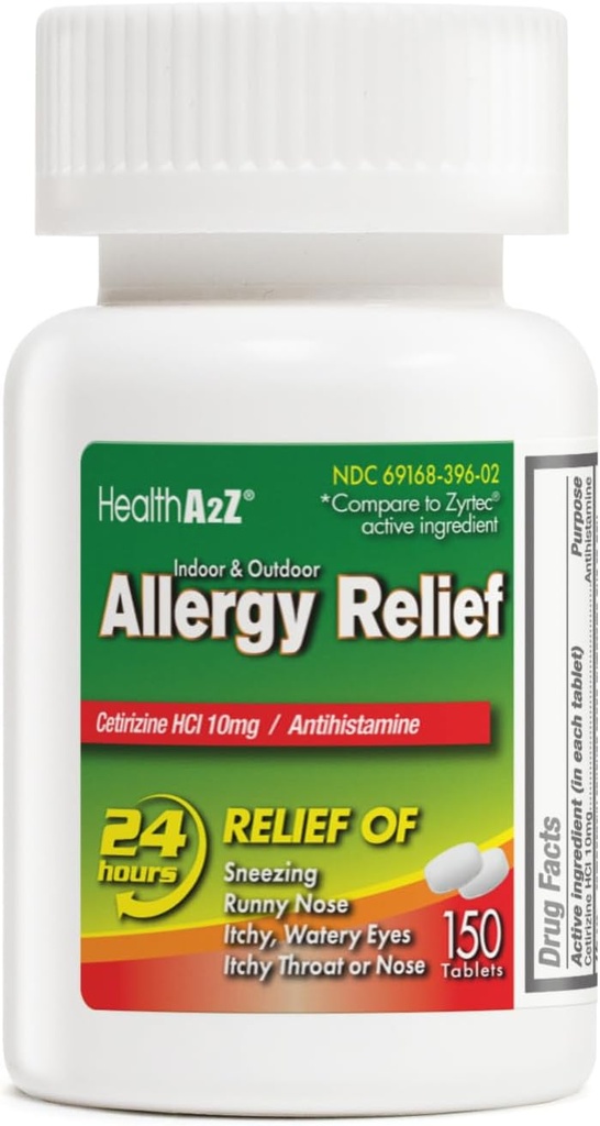 HealthA2Z® Alivio de la Alergia Silencio Cetirizine 10mg ← Alivio de la Alergia Todo el Día Silencioso Indoor &amp; Outdoor Silencioso Alivio de Itchy Throat, Sneezing, Runny Noses (150 Conde (Pack of 1))