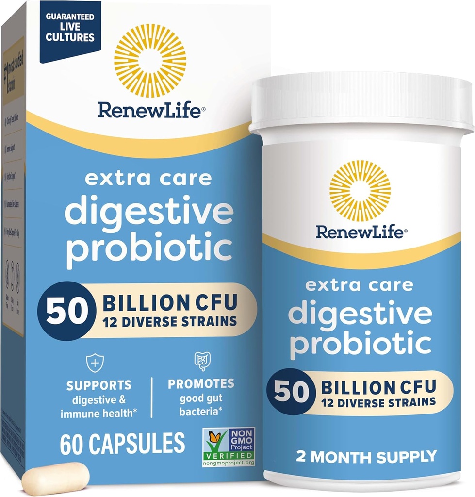 Renew Life Extra Care Digestive Probiotic Capsules, 50 Billion CFU Guaranteed, Daily Supplement Supports Immune, Digestive, Respiratory Health(1), L. Rhamnosus GG, Dairy, Soy and Gluten-Free, 60 Count