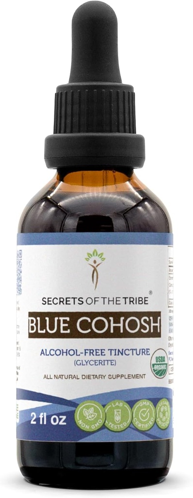 Secrets of the Tribe Blue Cohosh USDA Organic Alcohol-Free Tincture (Glycerite) Cohosh azul cultivado responsablemente (Caulophyllum Thalictroides) Root seco (2 Fl Oz) Suplemento de salud de las mujeres