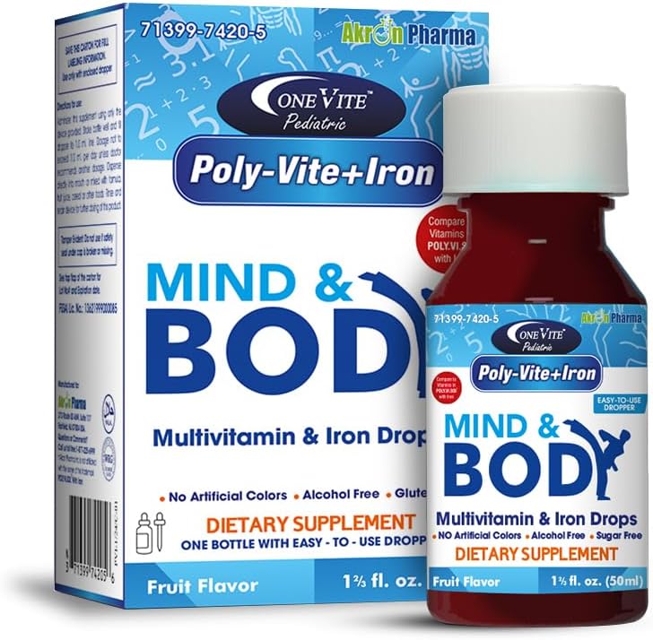 Poly-Vite+Iron Multivitamin Iron Drops for Infants &amp; Toddlers – apoya el crecimiento fuerte, el desarrollo del cerebro, la salud inmunitaria – sin colores artificiales, sin gluten, 50mL Dropper Bottle by One Vite