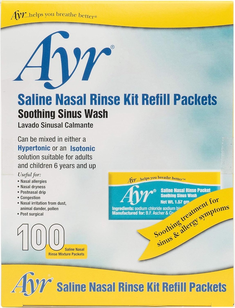 Ayr Saline Nasal Rinse Kit Rellenar Packets, 100 paquetes (Pack de 2)