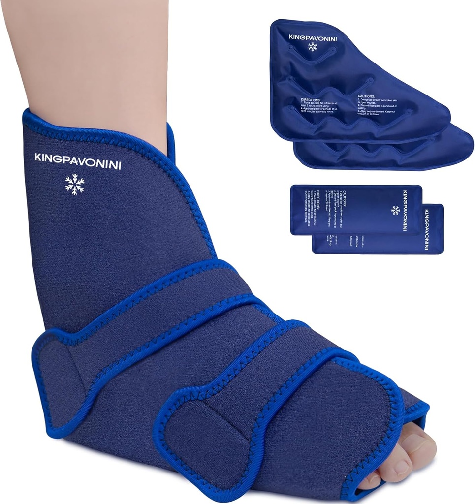 KingPavonini Ankle Foot Ice Pack Wrap for Sprained Ankle and Surgery Recovery, Reusable Gel Ice Packs for Feet Injuries, Plantar Fasciitis, Aquiles Tendonitis, Terapia Caliente/Cold (1 Wrap+4 Gel Packs)