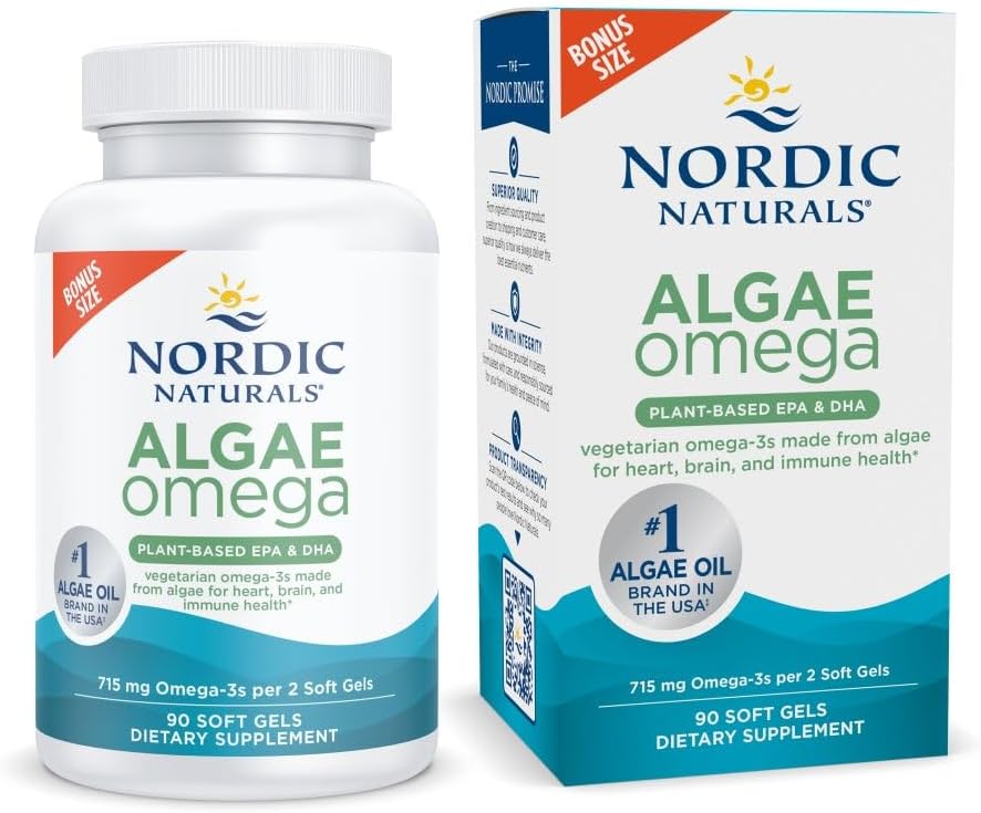 Nordic Naturals Algae Omega - 90 Soft Gels - 715 mg Omega-3 - Certified Vegan Algae Oil - Plant-Based EPA &amp; DHA - Heart, Eye, Immune & Brain Health - Non-GMO - 45 Serving