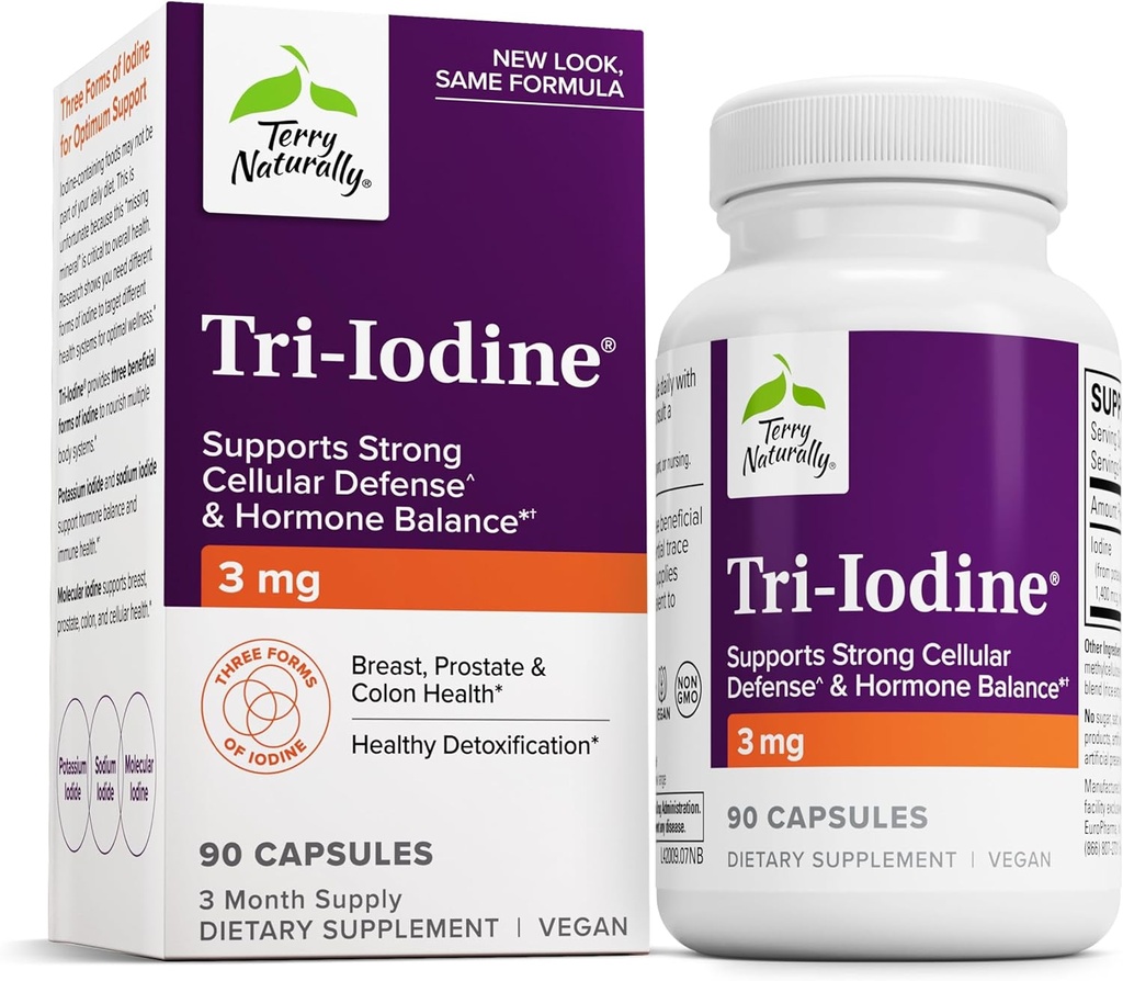 Terry Naturalmente Tri-Iodine - Suplemento dietético para el apoyo a la salud de la mama y la próstata - Función tiroidea saludable Suplemento Ayuda - 3 mg, 90 cápsulas