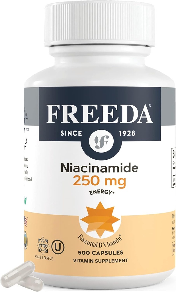 Freeda Niacinamide - Vitamina B3 Niacinamide 250 mg - Vegetariano No Flush Niacina Fórmula - B3 Vitaminas Niacinamida Suplemento - Niacina Flush Suplemento Niacina Suplemento Vitamina B3 Nicotinamide, 500 cápsulas