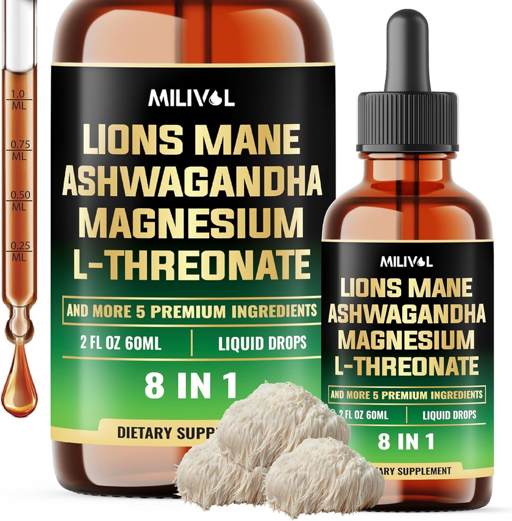 8in1 Lions Mane Liquid Drops with Ashwagandha Root, Magnesium L-Threonate & 5 Herbs - Mood Balance, Brain Health, Immune - 60 Days Supply - 2Fl oz