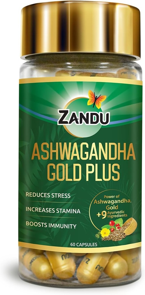 Zandu Ashwagandha Gold Plus, Made with Gold, Ashwagandha, Safed Musli, Shilajit " Other Ayurvedic Ingredients, Helps to Boost Stamina, Strengthenings Immunity, 60 Caps