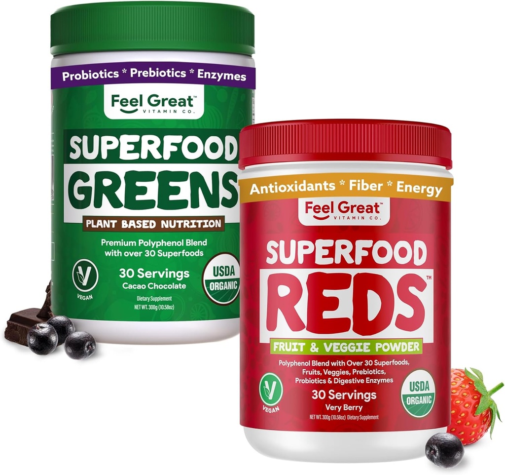 Feel Great USDA Organic Reds & Super Greens Powder Combo (2-Pack) ← Más de 35+ Verdes, Frutas y verduras, fibra, Probióticos " Enzymes Digestivos "