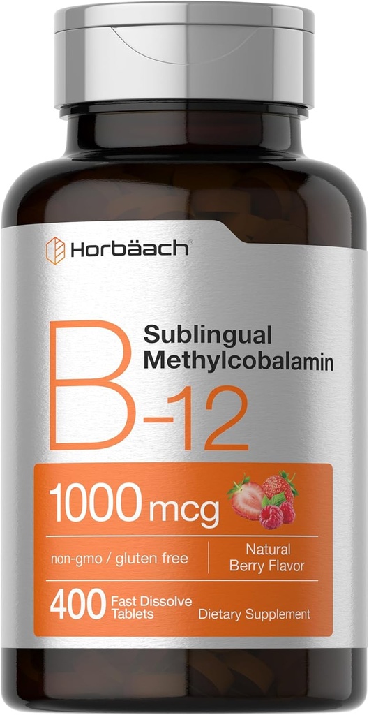 Horbaach Vitamina B12 1000 mcg Sublingual ← 400 Fast Dissolve Tablets ← Methylcobalamin Suplemento para Mujeres y Hombres ← Berry Flavor ← Vegan, Non-GMO, y Gluten Free