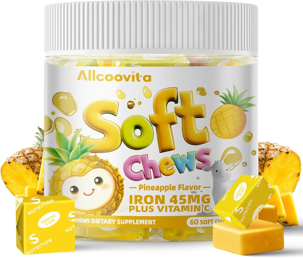 Hierro Soft Chews Suplemento con Vitamina C Silencio Pineapple Flavored TEN Gluten Free ← Suplemento de Hierro para Mujeres Hombres y Niños