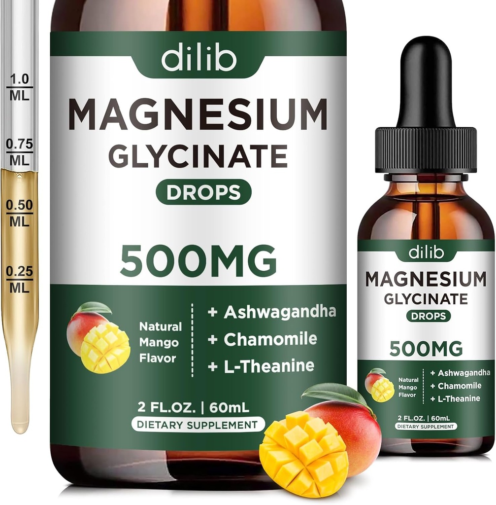 Magnesium Glycinate Suplemento, Magnesium Liquid Drops with Magnesium Glycinate 500mg Ashwagandha, L - Theanine, Chamomile -Support Stress Relief, Bone, Muscle, Mood Vegan Natural Mango Flavor
