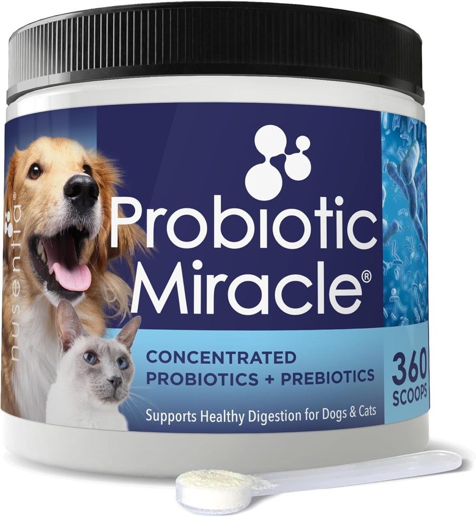 NUSENTIA Probiotics for Dogs -(360 Scoops)-Probiotic Miracle -Advanced, Species Specific Probiotics and Prebiotics to Stop Diarrhea, Loose Stool, and Yeast-Plus Immune Support