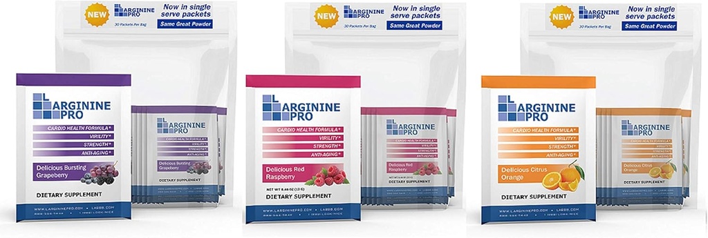 L-ARGININE PRO Supplement Powder | 90 Packets Single Serve Travel Size | 5,500mg of L-arginine Plus 1,100mg L-Citrulline, Raspberry, Orange & Grape