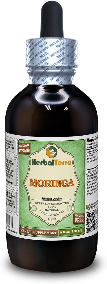 Moringa (Moringa Oleifera) Glycerite, Orgánica Hoja Seca Extracto líquido libre de alcohol (Marca: HerbalTerra, Proudly Made in USA) 4 fl.oz (120 ml)
