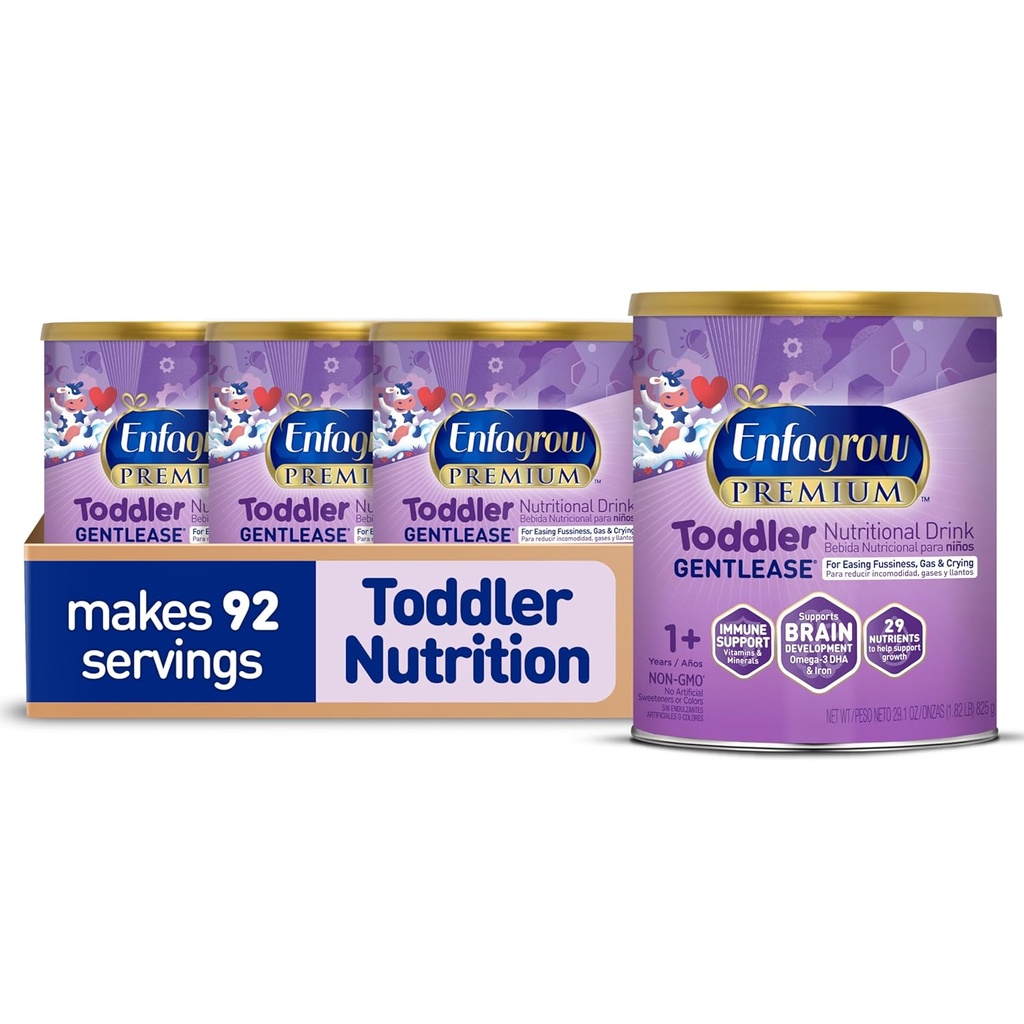 Enfagrow PREMIUM Gentlease Toddler Nutritional Drink, Made with Real Milk, Designed to Ease Fussiness, Gas &amp; Crying, Nutrients for Growth &amp; Immune Support, Powder Can, 29.1 Oz (Pack of 4)