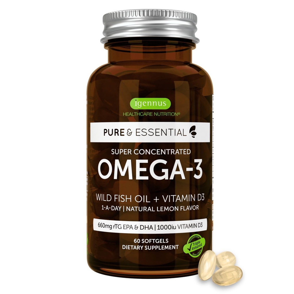 Igennus Advanced rTG Omega-3 IFOS Certified Wild Fish Oil & Vitamin D3, 1-a-Day, Fatty Acids EPA & DHA, Fast-Acting Triglyceride Form, Ultra Pure & Non-GMO, 60 Softgels