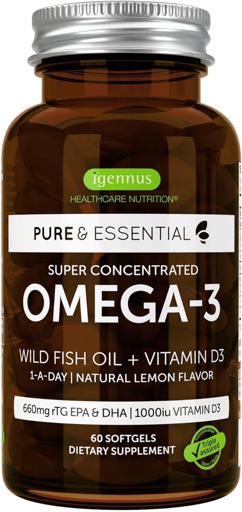 Igennus Advanced rTG Omega-3 IFOS Certified Wild Fish Oil & Vitamin D3, 1-a-Day, Fatty Acids EPA & DHA, Fast-Acting Triglyceride Form, Ultra Pure " Non-GMO, 60 Softgels