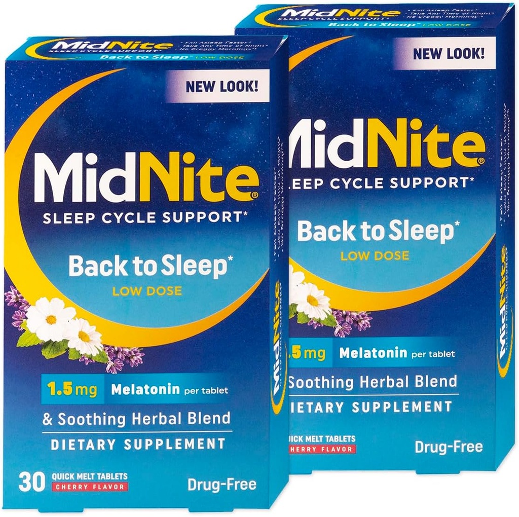 MidNite Volver a dormir baja dosis, 1,5 mg Melatonin Sleep Aid, Non-habit Forming, Herbal Suplemento dietético para adultos, sin drogas, sin gluten, sin lactosa, vegetariano, Vegan, 30 Quick Melt Tablets 2 ct