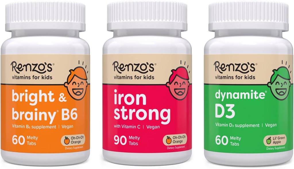 Renzo's Vitamins Mighty Kid Bundle - Suplementos de hierro para niños, vitamina D3 para niños, y la vitamina B6 brillante y cerebral