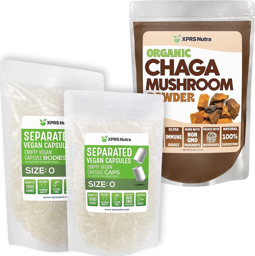 XPRS Nutra Tamaño separado 0 cápsulas (1000 conde) con Chaga Powder (16 onzas) Bundle