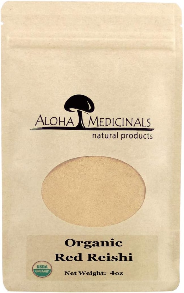 Aloha Medicinales Red Reishi, Suplemento de Setas Orgánicas, Apoyos Salud Inmune, Bolsa de 4 oz Polvo