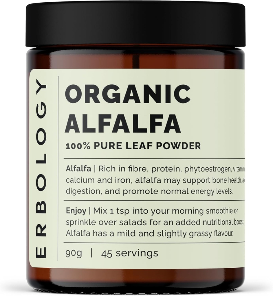 Erbology Organic Alfalfa Powder 3.2 oz - 45 Servings - Supports Bone and Gut Health - Rich in Vitamin A, Calcium and Iron - Constantably Sourced Straight from Farm - Small Batch - Vegan - GMO-Free