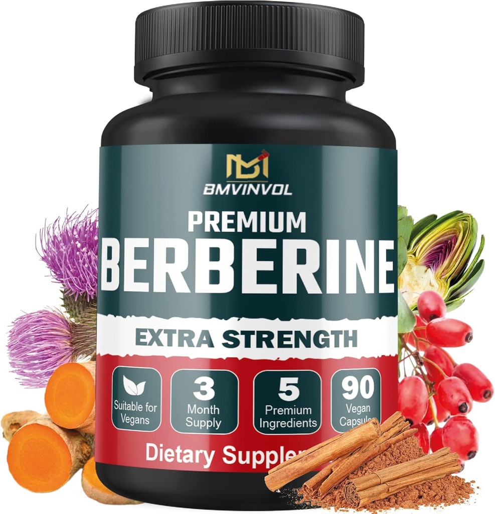 5-en-1 Berberine HCl con canela de Ceillón, cartola de leche, Turmeric, Artichoke - 90 cápsulas para 3 meses de suministro