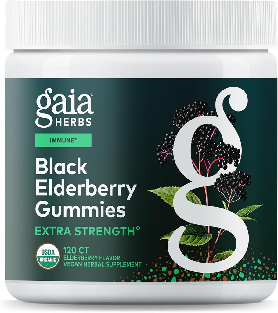 Gaia Herbs Black Elderberry (Sambucus nigra) Extra Strength Gummies - Delicious Immune Support Supplement* - Hecho con certified Organic Black Elderberries for Immune System Support* - 120 Gummies