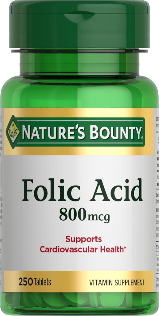 Suplemento de ácido fólico Bounty de la naturaleza, apoya la salud cardiovascular, 800mcg, 250 Tablets