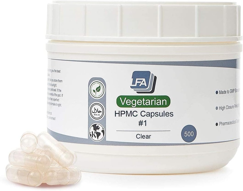 Empty Capsules Tamaño 1 - Clear Vegan HPMC - 500 Conde - Fits Capsule Filling Machine Tray - Acoplado Vegetarian Caps Easy Snap for DIY Powder Supplement Pills - Halal Kosher Hypromellose