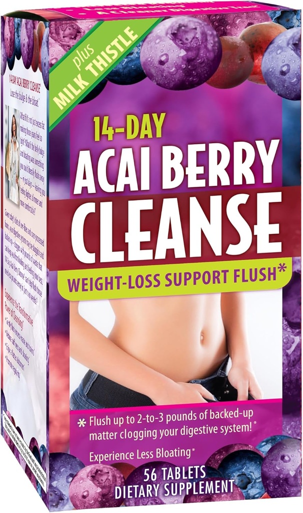 Nutrición aplicada 14 días Acai Berry Cleanse - 56 Tablets - Soporte de pérdida de peso Flush + Milk Thistle - 28 Serviciones