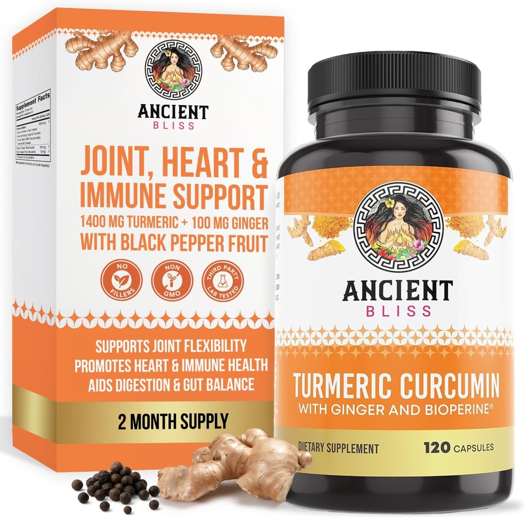 Curcumina Turmérica con Ginger &amp; Bioperine, Curcumina Turmérica con Pimienta Negra &amp; Cueva de Polvo de Ginger crudo Suplemento por la Bienaventuranza Antigua (120 cápsulas)